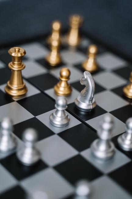 Gold and silver chess pieces on a board